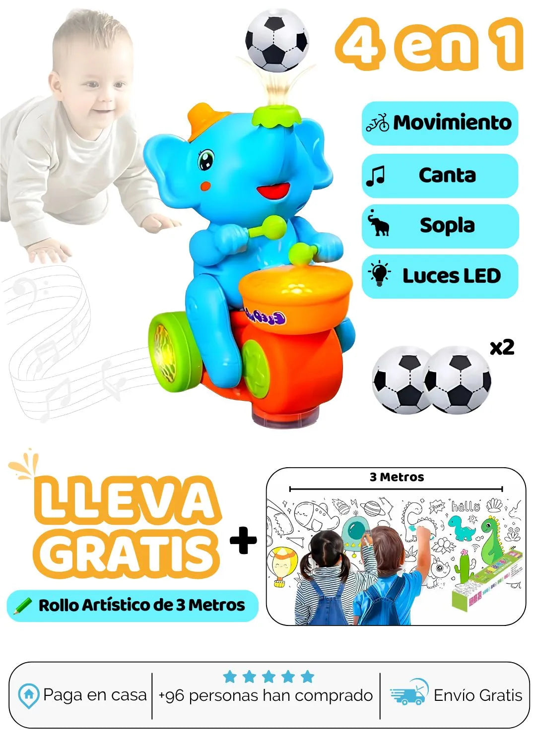 🐘Elefante 4 en 1 ➕ Rollo de Arte 3 Mts